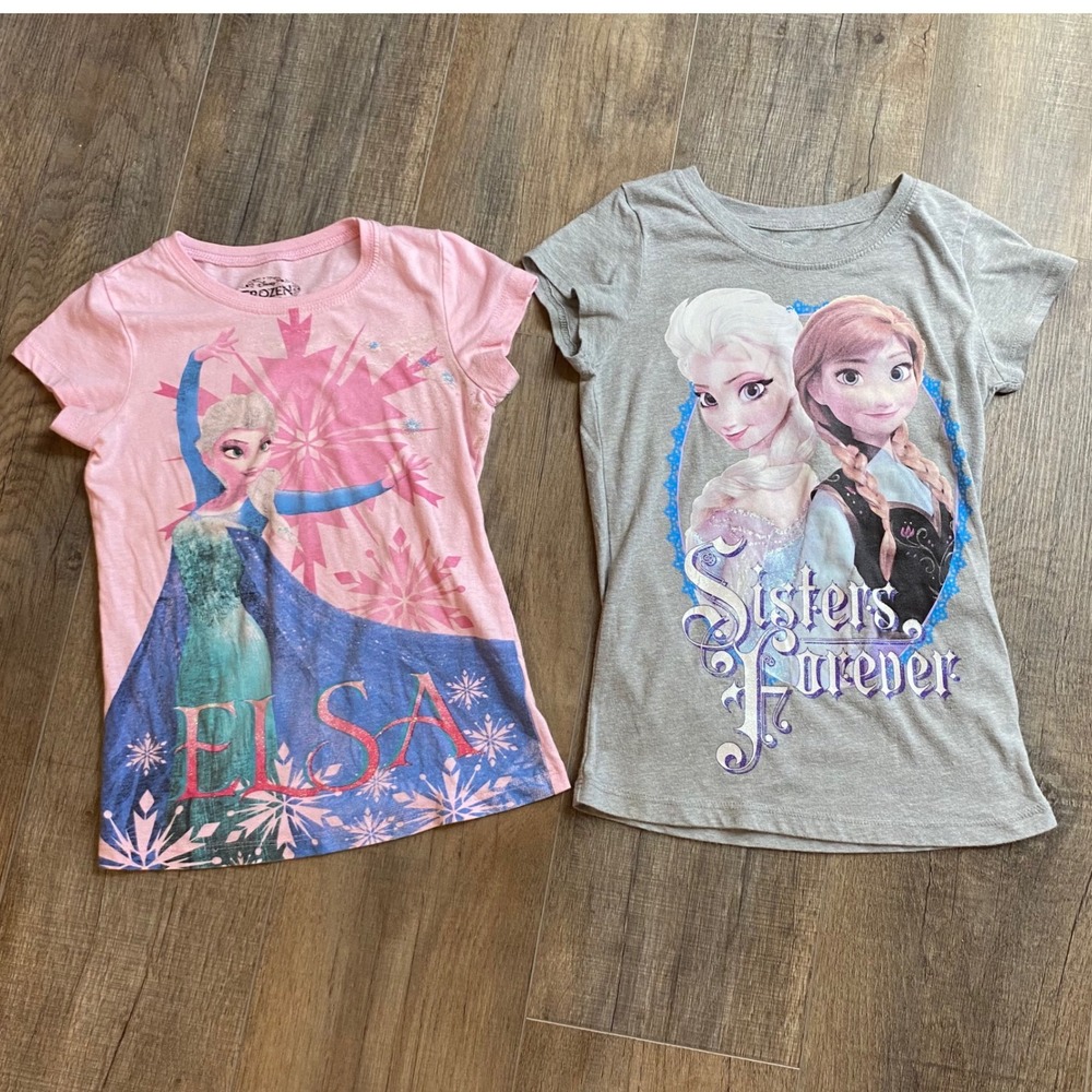 Disney Frozen Elsa Anna Graphic T-Shirt Bundle Pink‎ Gray Girls Size M 7-8 2PK